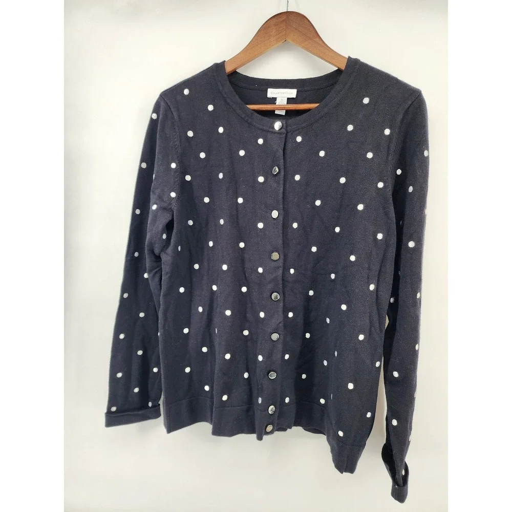 Charter‎ Club Womens XL Navy Blue Black Polka Dot Button Front Cardigan Sweater